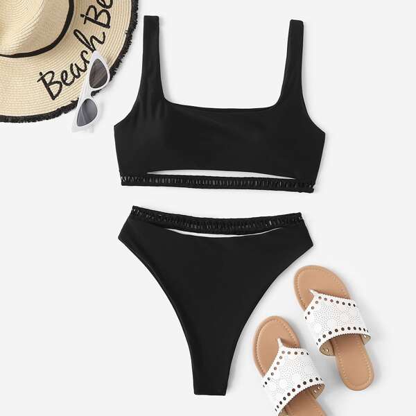 

Cut-out High Waisted Bikini Swimsuit, Black