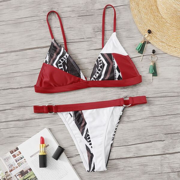 

Geometric Colorblock Top With Tanga Bikini Set