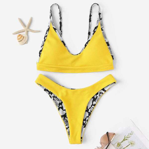 

Contrast Lined High Cut Bikini Set