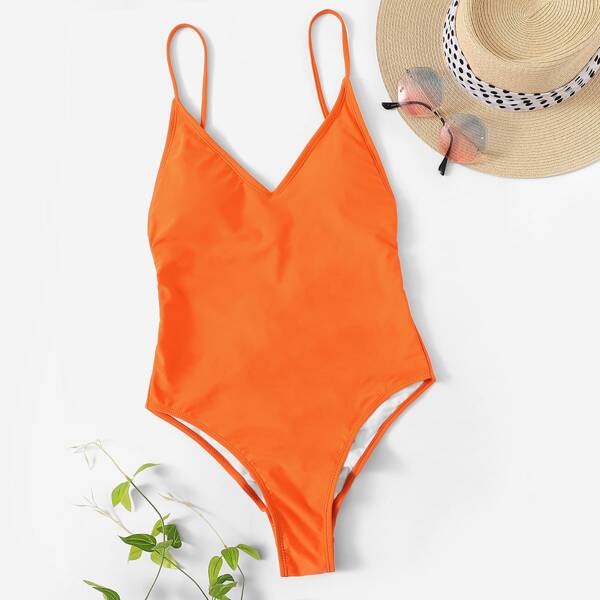 

Neon Orange Lace-up Backless One Piece Swimsuit