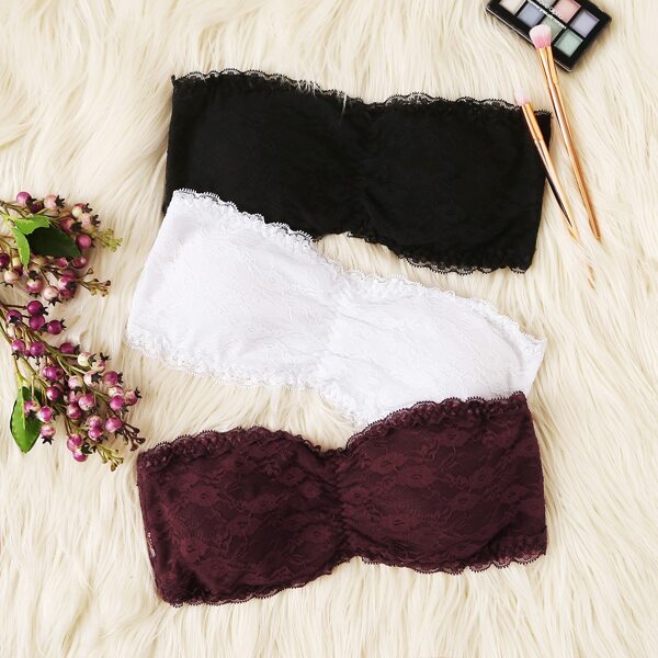 

Ruched Floral Lace Bandeau Bra Set 3pack, Multicolor