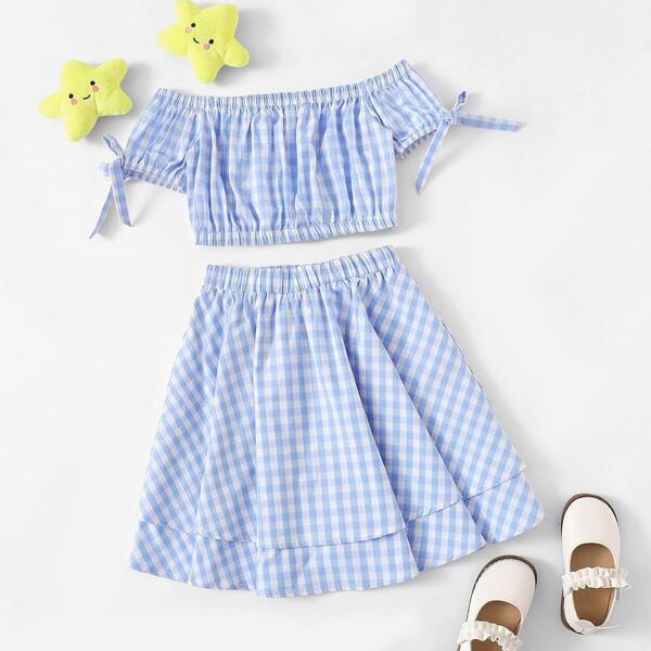 

Girls Bow Detail Off Shoulder Gingham Top & Layered Skirt Set, Blue pastel