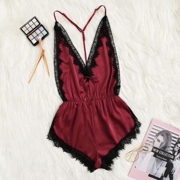 

Lace Trim Backless Satin Romper Bodysuit, Burgundy