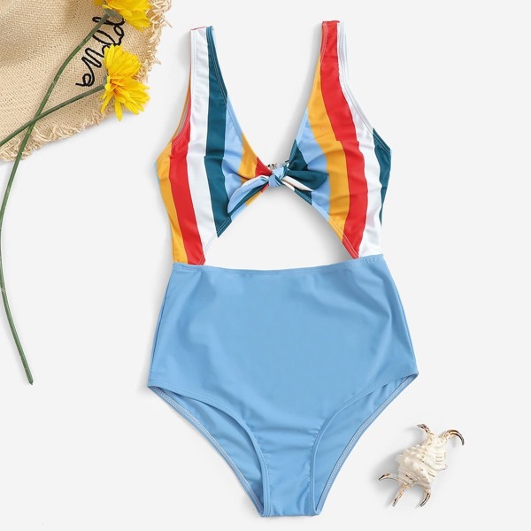 

Striped Cut-out Knot Front One Piece Swim, Multicolor