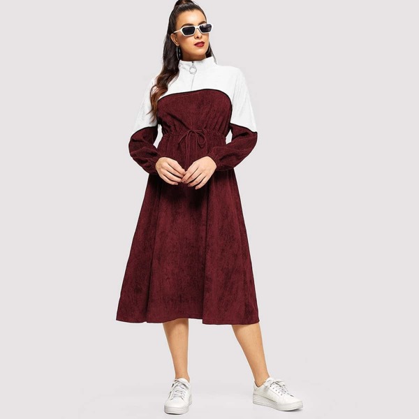 

Half Placket Drawstring Waist Two Tone Corduroy Dress