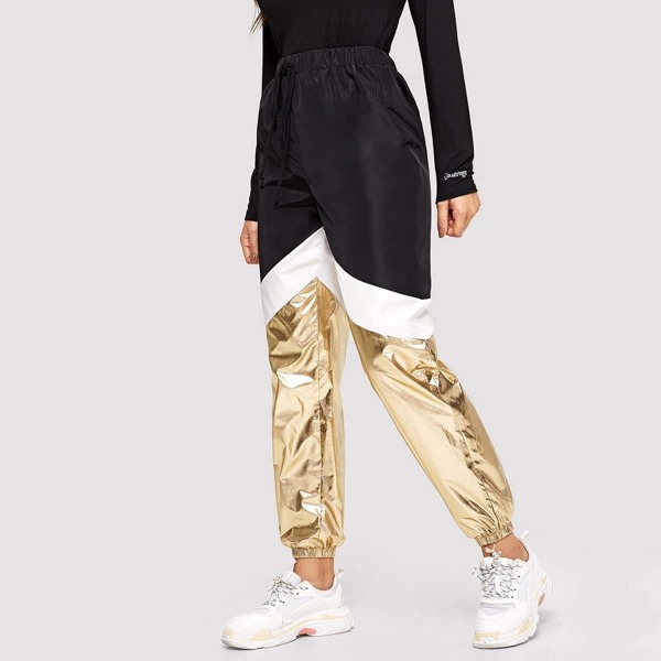 

Elastic Hem Cut-and-sew Metallic Pants