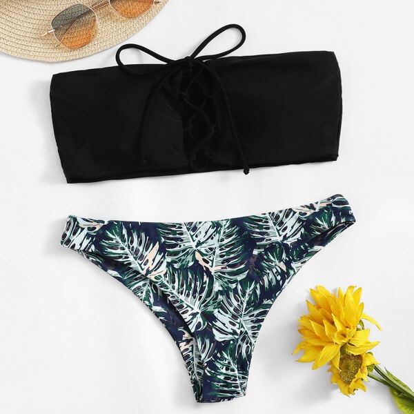 

Lace-up Bandeau With Random Tropical Bikini Set, Multicolor