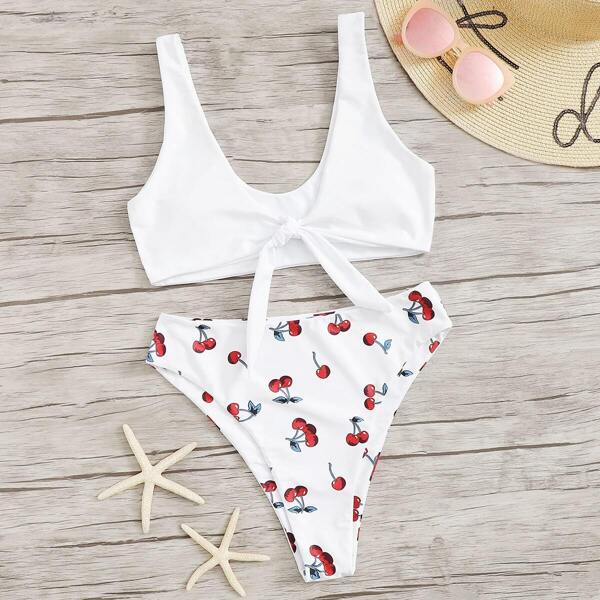 

Knot Front Top With Random Cherry Print Bikini, White
