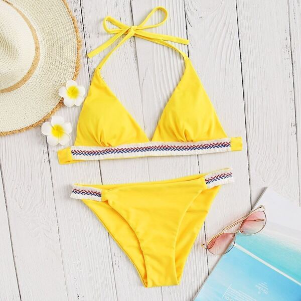 

Fringe Trim Ruched Top With Tanga Bikini Set