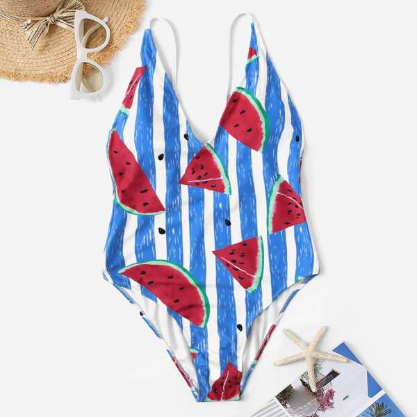 

Random Watermelon Print & Striped One Piece Swim