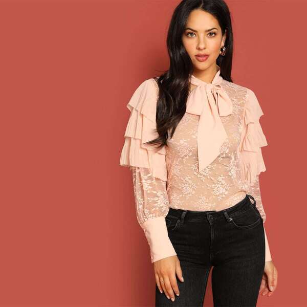

Tie Neck Layered Ruffle Lace Top Without Cami