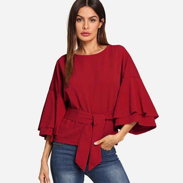 

Layered Trumpet Sleeve Belted Textured Top