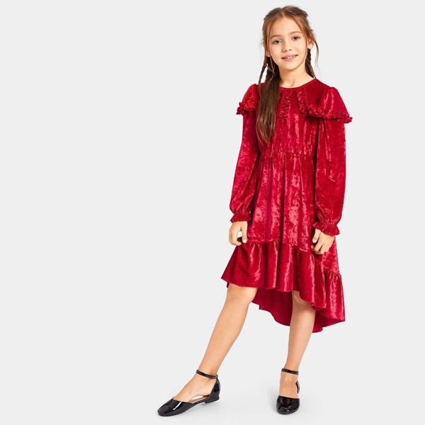 

Girls Asymmetrical Ruffle Hem Velvet Dress