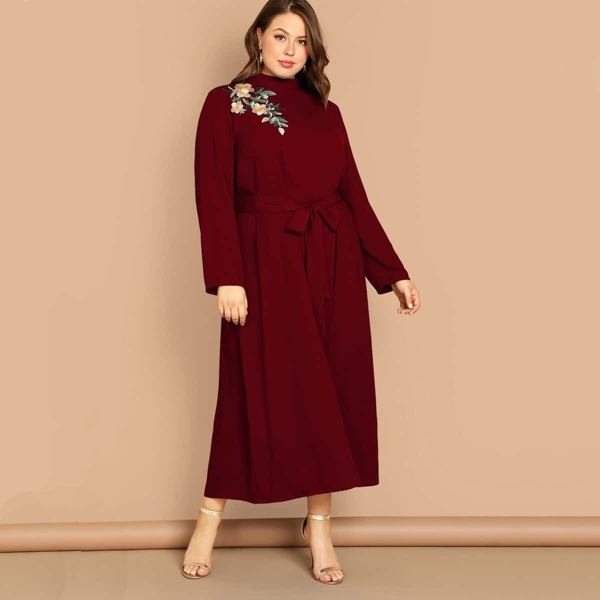 

Plus Mock-neck Floral Embroidered Applique Belted Dress, Burgundy