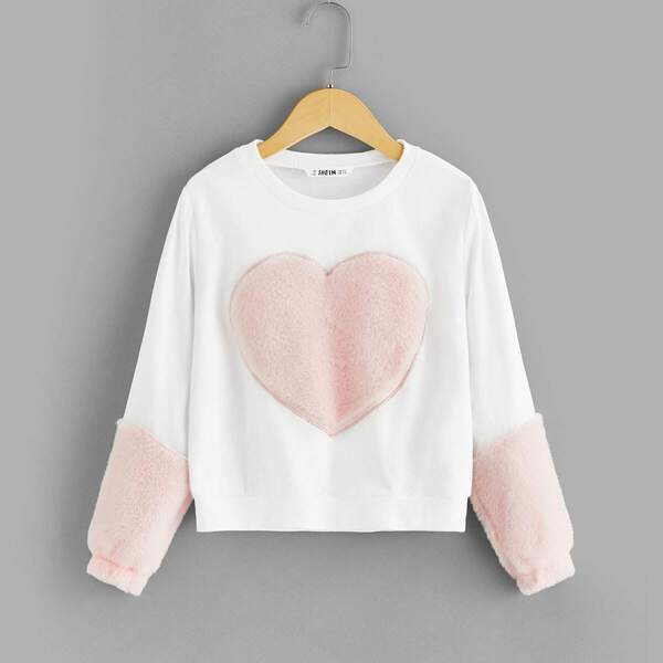 

Girls Fluffy Heart Patched Sweatshirt, White