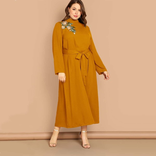 

Plus Mock-neck Floral Embroidered Applique Belted Dress, Yellow