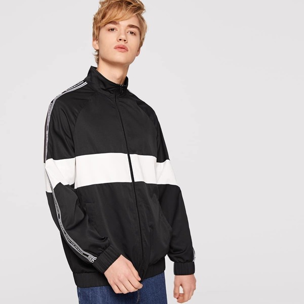 

Men Raglan Sleeve Two Tone Letter Jacket, Black and white