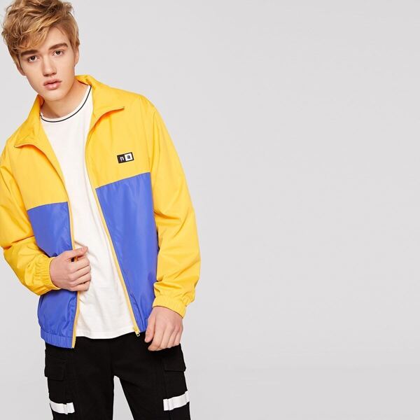 

Men Zip Up Two Tone Patched Front Jacket, Multicolor