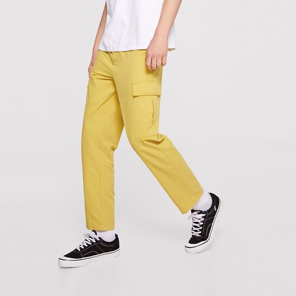 

Men Flap Pocket Solid Straight Leg Pants, Yellow