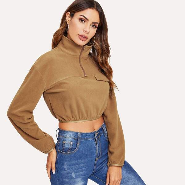 

Zip Half Placket Crop Teddy Jacket