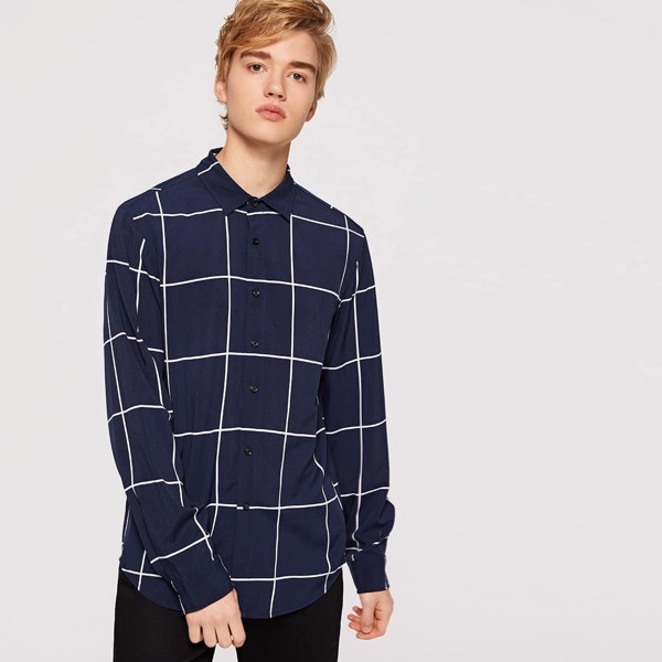 

Men Curved Hem Grid Shirt, Navy