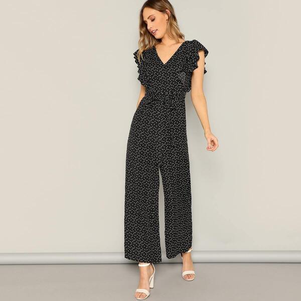 

Ruffle Armhole Knotted Back Love Print Jumpsuit, Black