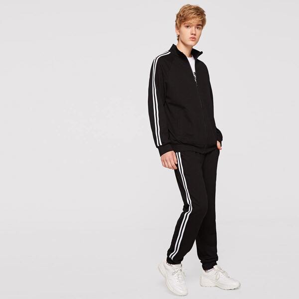 

Men Zip Up Striped Tape Jacket & Pants Set, Black