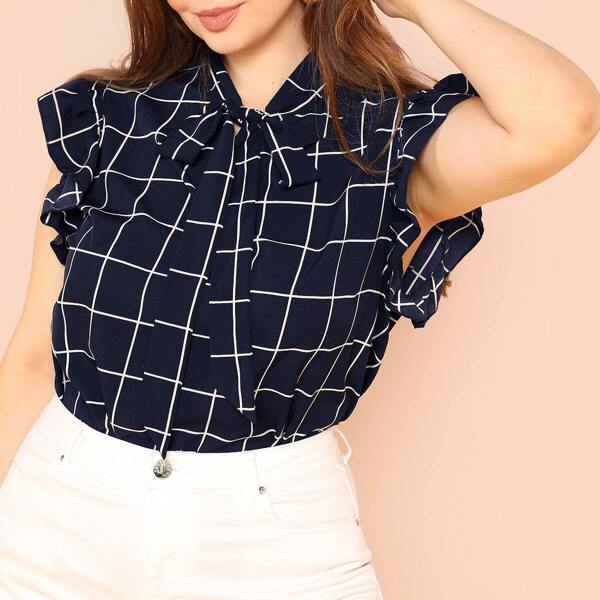 

Plus Tie Neck Flutter Sleeve Grid Top