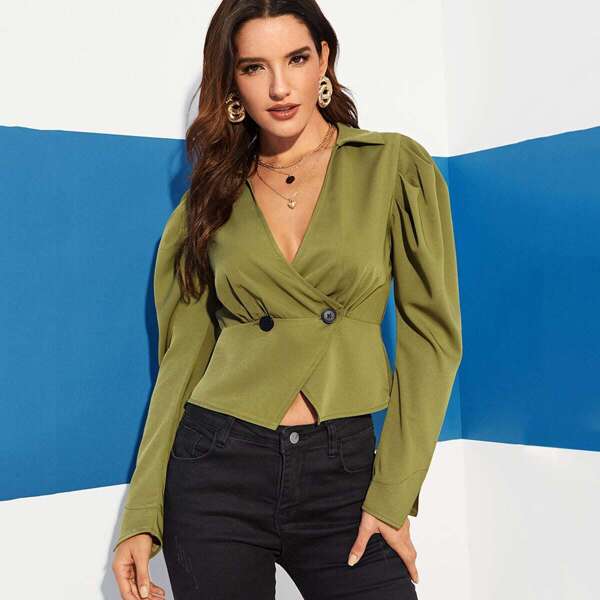 

Gigot Sleeve Double Breasted Fitted Blouse, Army green
