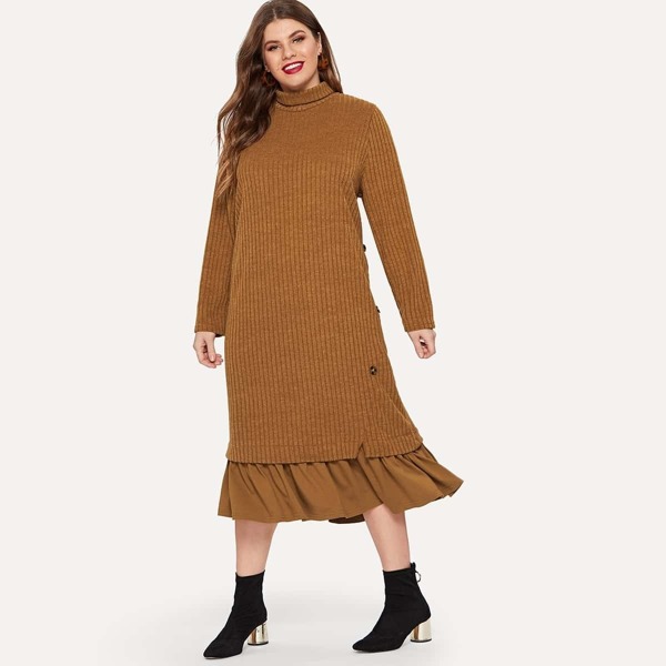 

Plus Roll Up Neck Buttoned Detail Ruffle Hem Dress