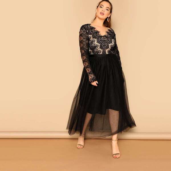 

Plus Lace Bodice Mesh Hem Dress, Black