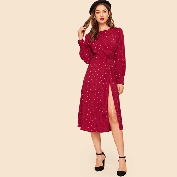 

Twist Detail Slit Side Dot Dress, Red