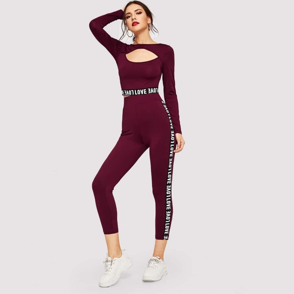 

Cutout Front Letter Tape Crop Top and Leggings Set