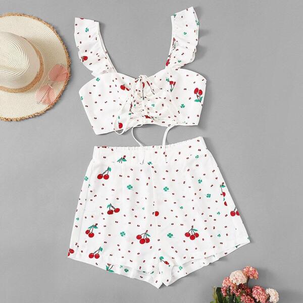 

Cherry Print Drawstring Front Top and Shorts Set, White