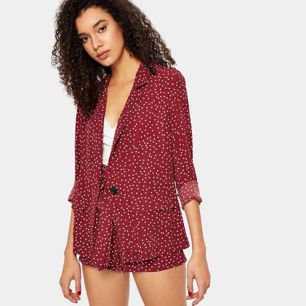 

Polka Dot Blazer & Paperbag Waist Shorts Set, Burgundy