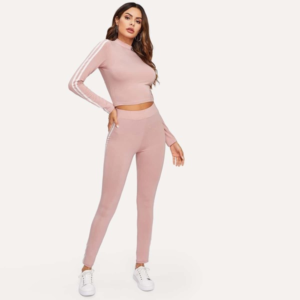 

Mock Neck Striped Tape Sideseam Fitted Top & Leggings Set