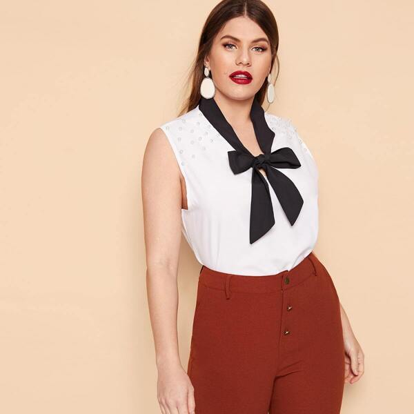 

Plus Beaded Tie Neck Sleeveless Blouse