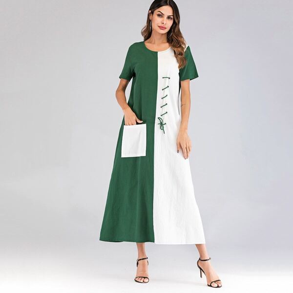 

Lace-up Front Pocket Detail Longline Dress, Multicolor