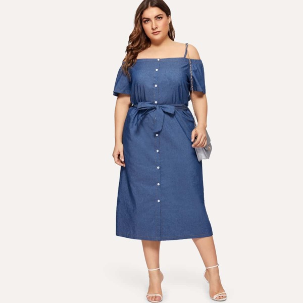 

Plus Off Shoulder Self-tie Denim Dress, Blue