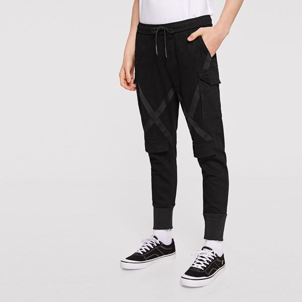

Men Contrast Tape Pocket Side Pants, Black