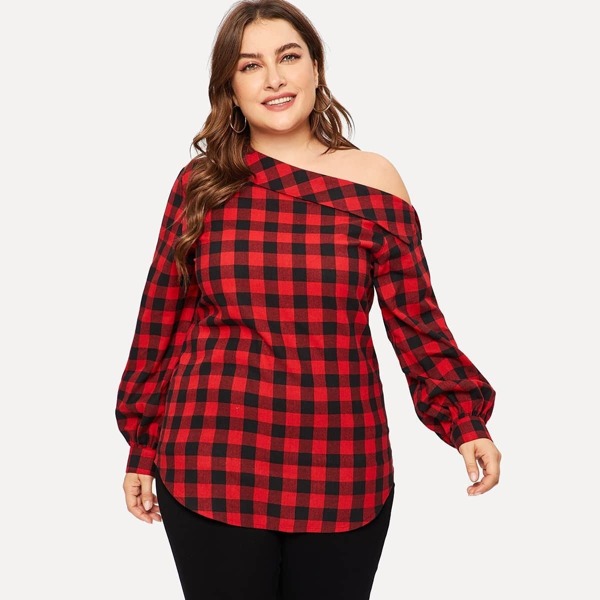 

Plus Plaid Asymmetrical Neck Blouse