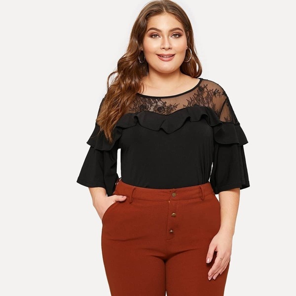

Plus Contrast Lace Flounce Trim Blouse