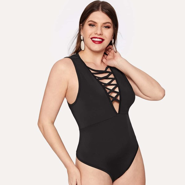 

Plus Solid Criss-cross Bodysuit