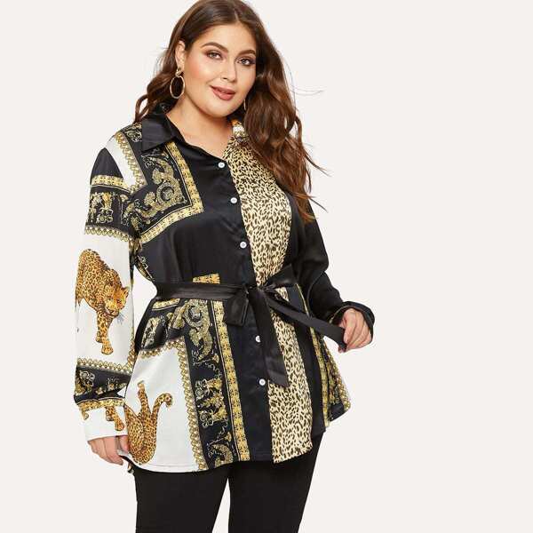 

Plus Random Scarf Print Self Tie Blouse, Multicolor