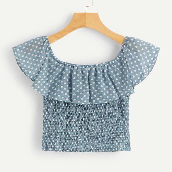 

Polka Dot Ruffle Trim Blouse