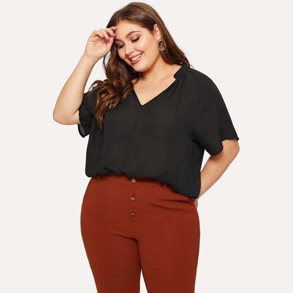 

Plus V-neck Solid Chiffon Blouse, Black