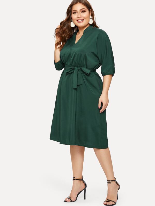 Plus Solid Self Tie Dress, Green, Carol