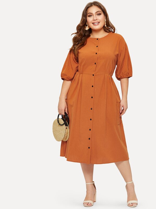 

Plus Pocket Button Front Shirt Dress, Orange, Carol
