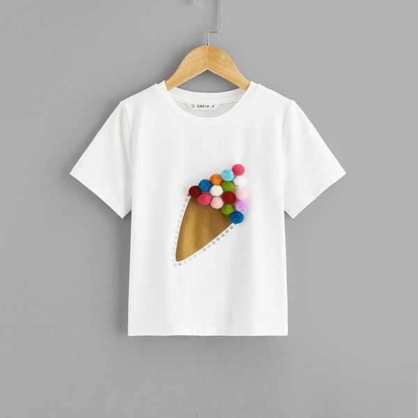 

Girls Pom Pom Detail Ice-Cream Print Tee