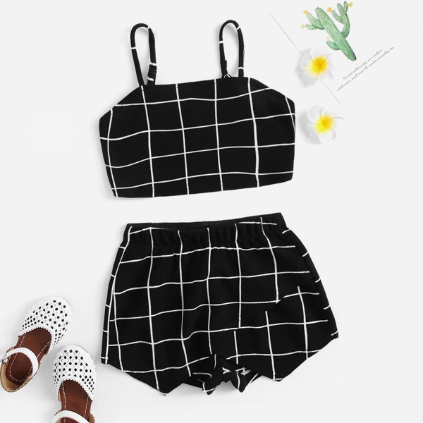 

Girls Grid Crop Cami & Wrap Shorts Set, Black